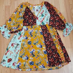 Umgee small floral garden mix mini dress puff sleeve v neck multi boho coastal